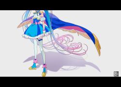 Rule 34 | 1girl, ankle boots, aoi tete, artist logo, blue cape, blue dress, blue footwear, blue hair, boots, bow, brooch, cape, clenched hand, commentary, cure sky, dress, dress bow, fingerless gloves, frilled dress, frills, fringe trim, gloves, gradient hair, head out of frame, highres, hirogaru sky! precure, jewelry, letterboxed, long hair, magical girl, multicolored hair, precure, puffy short sleeves, puffy sleeves, red cape, shadow, short dress, short sleeves, sleeveless, sleeveless dress, solo, sora harewataru, standing, thighhighs, two-sided cape, two-sided fabric, two-tone dress, very long hair, white dress, white gloves, white thighhighs, wind, wing brooch