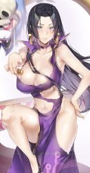 Rule 34 | 1girl, asymmetrical underboob, bare shoulders, black hair, blue eyes, boa hancock, breasts, choker, cleavage, commentary, dore (gilles dore), dress, earrings, hand on own hip, highres, jewelry, large breasts, leg up, long hair, looking at viewer, midriff, navel, one piece, parted lips, purple dress, snake, snake earrings, thighs, torn clothes, torn dress, underboob
