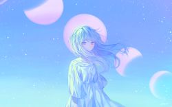 Rule 34 | 1girl, arms at sides, blue eyes, blue hair, blurry, bokeh, collarbone, commentary request, covered mouth, crescent moon, depth of field, dress, full moon, light blue hair, light blush, long hair, looking at viewer, mint5464, moon, moon phases, original, sky, solo, standing, star (sky), upper body, white dress, wide sleeves