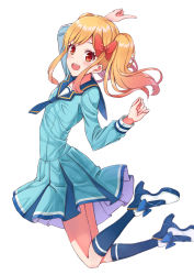 Rule 34 | 10s, 1girl, :d, aikatsu! (series), aikatsu stars!, arm up, blonde hair, blue dress, blue footwear, blue necktie, blue sailor collar, blue socks, bow, commentary request, dress, fingernails, hair bow, hand up, high heels, highres, kneehighs, long hair, long sleeves, looking at viewer, looking to the side, necktie, nijino yume, open mouth, pleated dress, red bow, red eyes, rurukuru, sailor collar, sailor dress, shoes, sidelocks, simple background, smile, socks, solo, teeth, twintails, upper teeth only, white background
