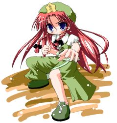 Rule 34 | 1girl, black bow, black bowtie, blue eyes, bow, bowtie, braid, female focus, fighting stance, hong meiling, immaterial and missing power, kekyo, long hair, red hair, side braids, solo, touhou, twin braids, very long hair