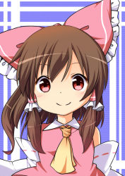 Rule 34 | 1girl, ascot, bare shoulders, blush, bow, brown hair, detached sleeves, hair bow, hakurei reimu, large bow, long hair, looking at viewer, nitizyo, red eyes, smile, solo, touhou, upper body, vest