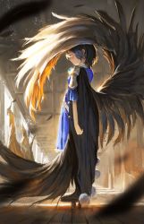 Rule 34 | 1girl, bird wings, black cape, blue dress, blue hair, blurry, cape, dark blue hair, depth of field, dress, expressionless, feathered wings, feathers, fjsmu, from side, full body, geta, highres, iizunamaru megumu, light particles, light rays, pom pom (clothes), profile, short hair, solo, standing, tengu-geta, touhou, wings, wooden floor