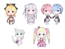 Rule 34 | 10s, 5girls, beatrice (re:zero), blonde hair, blue eyes, blue hair, bow, bug, butterfly, butterfly-shaped pupils, chibi, crown, emilia (re:zero), felt (re:zero), female focus, full body, hair ornament, holding hands, insect, maid, mini crown, multiple girls, pack (re:zero), pantyhose, pink eyes, pink hair, puck (re:zero), purple eyes, ram (re:zero), re:zero kara hajimeru isekai seikatsu, red eyes, rem (re:zero), rutorifuki, short hair, siblings, simple background, sisters, striped clothes, striped pantyhose, symbol-shaped pupils, twins, watermark, white background, white hair, x hair ornament