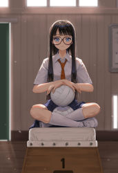 Rule 34 | 1girl, ball, black hair, blue eyes, blue skirt, blunt bangs, closed mouth, collared shirt, commentary request, crossed legs, facing viewer, glasses, gym, holding, holding ball, indoors, kneehighs, long hair, looking at viewer, necktie, orange necktie, original, oto1 030, pleated skirt, shirt, shoes, sitting, skirt, sneakers, socks, solo, vaulting horse, volleyball, volleyball (object), white shirt