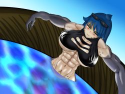 Rule 34 | 1girl, abs, bare shoulders, bikini, black bikini, blue hair, blush, breasts, cleavage, cloud, cloudy sky, day, fins, fish tail, glasses, highres, large breasts, longhair, looking at viewer, lz elzy, mako (monster girl island), midriff, monster girl, monster girl island, muscular, muscular female, navel, pool, shark, shark girl, shark tail, sky, smile, solo, stomach, sunglasses, swimsuit, tail, tan, tank top, water, wet, yellow eyes