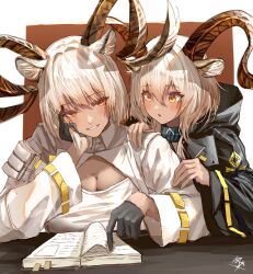 Rule 34 | 2girls, :o, absurdres, animal ear fluff, animal ears, arknights, beeswax (arknights), black coat, black gloves, blush, book, bookmark, border, breasts, brown background, carnelian (arknights), cleavage, cleavage cutout, clothing cutout, coat, collar, dark-skinned female, dark skin, donata (donatasama), gloves, goat ears, goat girl, goat horns, hand on own cheek, hand on own face, highres, hood, hood down, horns, infection monitor (arknights), large breasts, long hair, long sleeves, multiple girls, open book, open clothes, open coat, outside border, parted lips, reading, red eyes, short hair, siblings, signature, simple background, sisters, white border, white coat, white hair, wide sleeves, yellow eyes