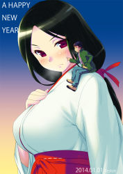 Rule 34 | 10s, 1boy, 1girl, 2014, artist name, beanie, black hair, blush, breath, cheek poking, coat, dated, giant, giantess, hand in pocket, hand on own chest, happy new year, hat, hetero, japanese clothes, miko, new year, original, pants, poking, purple eyes, shoes, teston