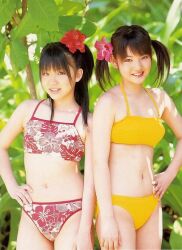 Rule 34 | 2girls, bikini, leaf, michishige sayumi, multiple girls, photo (medium), swimsuit, tanaka reina, twintails, yellow bikini