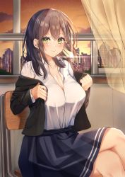 Rule 34 | 1girl, absurdres, blush, breasts, brown hair, chair, cleavage, commentary request, curtains, green eyes, highres, jacket, large breasts, long hair, looking at viewer, nagi aoi, original, school, school uniform, sitting, skirt, skyline, smile, solo, sunset, undressing, wind, window