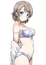Rule 34 | 10s, 1girl, arms behind back, blue eyes, blush, bow, bow panties, bra, breasts, cleavage, closed mouth, collarbone, cowboy shot, grey hair, highres, light brown hair, looking at viewer, love live!, love live! sunshine!!, medium breasts, navel, panties, profile, purple bra, purple panties, sankuro (agoitei), shirt, short hair, simple background, smile, solo, standing, strap slip, underwear, undressing, watanabe you, white background, white shirt