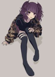 Rule 34 | 1girl, absurdres, black nails, black thighhighs, camouflage, camouflage jacket, diagonal bangs, grin, highres, idolmaster, idolmaster shiny colors, jacket, looking at viewer, luvluvvox, nail polish, purple eyes, purple hair, sitting, smile, solo, tanaka mamimi, thighhighs, twintails