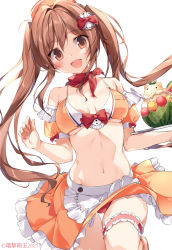 Rule 34 | 1girl, :d, apron, bare shoulders, bikini, blush, bow, breasts, bridal garter, brown eyes, brown hair, commentary request, detached sleeves, fingernails, food, front-tie bikini top, front-tie top, fruit, gluteal fold, hair between eyes, hair bow, hair ornament, hat, highres, holding, holding plate, ice cream, karory, long hair, looking at viewer, maid, maid apron, maid bikini, medium breasts, midriff, miniskirt, navel, neckerchief, open mouth, orange bikini, orange hat, orange skirt, original, panties, panty peek, plate, puffy short sleeves, puffy sleeves, red bow, red panties, short sleeves, simple background, skirt, smile, solo, stomach, string bikini, swimsuit, thigh gap, twintails, unconventional maid, underwear, waist apron, watermelon, white background