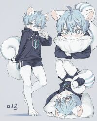 Rule 34 | 1boy, ahoge, animal ear fluff, animal ears, black hoodie, black shorts, blue background, blue eyes, blue hair, blush, bright pupils, commission, drawstring, furry, furry male, go (1o22g), hood, hoodie, hugging object, looking at viewer, lying, male focus, navel, open mouth, original, pawpads, pillow, pillow hug, short hair, short shorts, shorts, solo, squirrel boy, squirrel ears, squirrel tail, standing, standing on one leg, tail, tears, v, white pupils