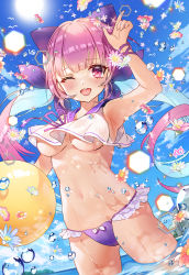 Rule 34 | 1girl, ;d, apple caramel, arm up, armpits, ball, bare shoulders, beachball, bikini, blue hair, blue ribbon, blue sky, blush, breasts, cloud, commentary request, day, frilled bikini, frills, hair ribbon, highres, hololive, long hair, medium breasts, minato aqua, multicolored hair, navel, one eye closed, open mouth, outdoors, pink hair, purple bikini, purple eyes, purple sailor collar, ribbon, sailor collar, sky, smile, solo, standing, sun, swimsuit, teeth, twintails, two-tone hair, underboob, upper teeth only, very long hair, virtual youtuber, water