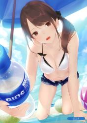 Rule 34 | 1girl, :o, absurdres, all fours, ama mitsuki, ball, bare arms, bare shoulders, beach mat, beach umbrella, beachball, bikini, blue sky, bottle, breasts, brown eyes, brown hair, cleavage, cloud, day, food, foreshortening, fruit, hair ornament, hair scrunchie, head tilt, highres, holding, holding bottle, long hair, looking at viewer, medium breasts, melonbooks, navel, open fly, open mouth, outdoors, scan, scrunchie, shade, short shorts, shorts, side ponytail, sky, solo, stomach, sunlight, swimsuit, umbrella, water bottle, wet, white bikini