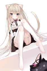 Rule 34 | 1girl, absurdres, animal, animal ears, bare shoulders, black cat, black footwear, black skirt, blue eyes, blush, bow, brown hair, cat, cat ears, cat girl, cat tail, closed mouth, commentary request, dutch angle, garter straps, hair between eyes, head tilt, high heels, highres, jacket, knees up, long sleeves, looking at viewer, no shoes, open clothes, open jacket, original, pink bow, pleated skirt, shirt, shoes, simple background, sitting, skirt, sleeveless, sleeveless shirt, solo, tail, thighhighs, unworn shoe, unworn shoes, white background, white shirt, white sleeves, white thighhighs, yuui hutabakirage