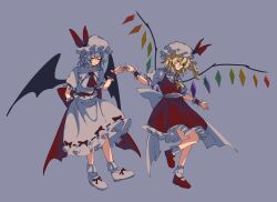 2girls arm_behind_back ascot bat_wings black_wings blonde_hair blue_hair blush_stickers bow closed_eyes crystal_wings dancing flandre_scarlet full_body hat hat_bow highres hua88331 mob_cap multicolored_wings multiple_girls purple_background red_ascot red_footwear red_shirt red_skirt remilia_scarlet shirt siblings simple_background sisters skirt skirt_set smile socks standing standing_on_one_leg touhou white_hat white_shirt white_skirt white_socks wings wrist_cuffs yellow_ascot