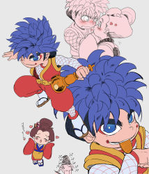 Rule 34 | 1girl, 2boys, :d, blue eyes, blue hair, blush, blush stickers, bodysuit, brown hair, coin, couple, ezume (rosehip), fishnet armwear, fishnet bodysuit, fishnets, ganbare goemon, goemon, gold, grey background, grin, hair ornament, heart, highres, japanese clothes, kiseru, koban (gold), looking at another, looking at viewer, makeup, mask, money, mouth hold, multiple boys, ninja, obi, omitsu (ganbare goemon), one eye covered, open mouth, sandals, sash, sleeves past fingers, sleeves past wrists, smile, smoking pipe, spiked hair, tabi, thick eyebrows, tucked money, weapon