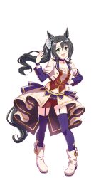 Rule 34 | 1girl, animal ears, black hair, blue eyes, boots, crown, full body, highres, horse ears, horse girl, horse tail, horseshoe ornament, jacket, midriff, official art, open clothes, pendant choker, purple garter straps, purple thighhighs, red shorts, satono crown (umamusume), shorts, side ponytail, solo, starting future (umamusume), tachi-e, tail, thighhighs, thighhighs under boots, transparent background, umamusume, white jacket