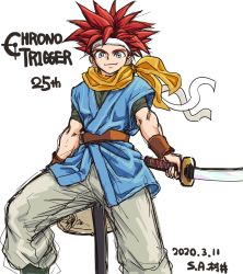 Rule 34 | 1boy, anniversary, blue eyes, blue shirt, chrono trigger, closed mouth, copyright name, crono (chrono trigger), dated, headband, holding, holding sword, holding weapon, male focus, red hair, s-a-murai, scarf, shirt, short sleeves, simple background, smile, solo, spiked hair, sword, weapon, white background