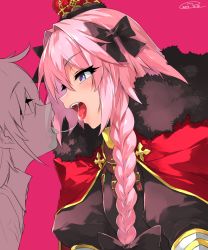 Rule 34 | 1boy, 1other, after kiss, astolfo (fate), black bow, bow, braid, cape, commentary request, crown, dated, fate/grand order, fate (series), fur-trimmed cape, fur trim, hair between eyes, hair bow, hair intakes, happa (cloverppd), long hair, open mouth, pink background, pink hair, purple eyes, red cape, saliva, saliva trail, signature, simple background, tongue, trap, upper body