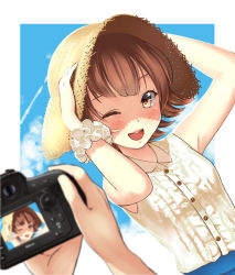 Rule 34 | 1girl, ;d, arms up, blush, brown eyes, brown hair, camera, cloud, day, hands on headwear, hat, holding, holding hat, kinugasa yuuichi, looking at viewer, one eye closed, open mouth, original, pov, scrunchie, short hair, sky, sleeveless, smile, solo focus, straw hat, wrist scrunchie