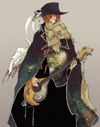 Rule 34 | 1boy, bard, black cloak, black hat, brown hair, brown scarf, cloak, ebira, feathered wings, feet out of frame, grey background, hair over one eye, hat, hat feather, holding, holding instrument, instrument, looking at viewer, lute (instrument), male focus, original, parted lips, scarf, short hair, simple background, skeletal wings, solo, straight-on, wings, yellow eyes