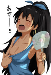 Rule 34 | 1girl, bad id, bad pixiv id, black hair, breasts, cleavage, closed eyes, clothes pull, earrings, ganaha hibiki, hand fan, hazukashi goddamns, high ponytail, idolmaster, idolmaster (classic), jewelry, long hair, open mouth, ponytail, shirt pull, simple background, sleeveless, solo, sweat, tank top, very long hair, white background