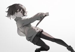 Rule 34 | 1other, black footwear, black pantyhose, black shorts, boots, brown hair, chara (undertale), closed mouth, commentary, heart pendant, highres, holding, holding knife, knife, long sleeves, muted color, pantyhose, rcs 4, short hair, shorts, simple background, smile, sweater, symbol-only commentary, turtleneck, turtleneck sweater, undertale, white background