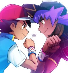 Rule 34 | 2boys, ash ketchum, baseball cap, black hair, blue jacket, bright pupils, brown eyes, champion uniform, clenched hand, closed mouth, commentary request, creatures (company), dark-skinned male, dark skin, dododo dadada, dynamax band, eye contact, face-to-face, facial hair, game freak, hand up, hat, jacket, leon (pokemon), long hair, looking at another, male focus, multiple boys, nintendo, pokemon, pokemon (anime), pokemon journeys, purple hair, red headwear, shirt, short hair, short sleeves, sleeveless, sleeveless jacket, smile, white pupils, yellow eyes