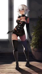 Rule 34 | 1girl, backlighting, bad id, bad pixiv id, belko, black footwear, black gloves, black thighhighs, blush, boots, breasts, brown eyes, cleavage, cleavage cutout, closed mouth, clothing cutout, dark-skinned female, dark elf, dark skin, de-chan (belko), detached collar, elbow gloves, elf, full body, gloves, gluteal fold, highres, knee boots, large breasts, original, plant, pointy ears, potted plant, revision, shadow, short hair, short shorts, shorts, solo, standing, thighhighs, white hair, window, wooden floor