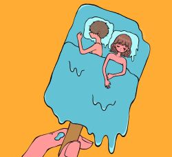Rule 34 | 1boy, 1girl, 428 reverb, brown hair, expressionless, flat color, food, highres, nude, original, pillow, popsicle, short hair, simple background, surreal, tears, under covers, yellow background