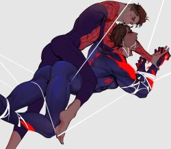 Rule 34 | 2boys, absurdres, ass, barefoot, blue bodysuit, blue eyes, bodysuit, bound, bound arms, brown hair, dark-skinned male, dark skin, fangs, gagged, glowing, glowing eyes, hair slicked back, highres, interlocked fingers, large pectorals, male focus, marvel, mature male, miguel o&#039;hara, multiple boys, muscular, muscular male, pectorals, peter b parker, print bodysuit, realsilentsheep, red bodysuit, red eyes, skin tight, spider-man: across the spider-verse, spider-man (2099), spider-man (series), spider-verse, spider web print, thick eyebrows, two-tone bodysuit