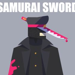 Rule 34 | 1boy, black hat, black jacket, black shirt, black skin, bleeding, blood, blood on clothes, buttons, chainsaw man, character name, clenched teeth, colored skin, dripping, english text, grey background, hat, impaled, jacket, katana, katana man (chainsaw man), looking to the side, male focus, minimalism, no lineart, open clothes, open jacket, peaked cap, sasamiman, shirt, simple background, solo, sword, teeth, upper body, weapon