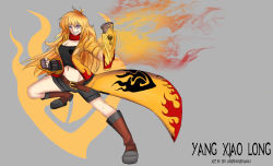 Rule 34 | 1girl, alternate costume, blonde hair, breasts, character name, cleavage, ember celica (rwby), fighting stance, full body, grey background, highres, kurokamirin, long hair, looking at viewer, medium breasts, navel, parted lips, purple eyes, rwby, short shorts, shorts, simple background, smile, solo, very long hair, yang xiao long