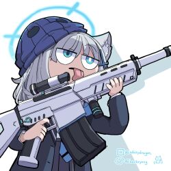 Rule 34 | 1girl, animal ear fluff, animal ears, assault rifle, blue archive, blue eyes, blue jacket, chibi, cross hair ornament, expressionless, grey hair, gun, hair ornament, halo, highres, holding, holding gun, holding weapon, instagram username, jacket, mask, mask on head, unworn mask, medium hair, mismatched pupils, necktie, open clothes, open jacket, pleated skirt, rifle, school uniform, shiroko (blue archive), shirt, sig sauer, sig sauer 556, silhouette, skirt, solo, tongue, tongue out, twitter username, upper body, weapon, white shirt, whitydragon, wolf ears