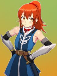 Rule 34 | 1girl, arm guards, bare shoulders, belt, black gloves, brown belt, closed mouth, elbow gloves, gloves, gradient background, hair between eyes, hands on own hips, highres, hiramine akira, hisca aiheap, medium hair, orange hair, outline, ponytail, sleeveless, smile, solo, sword, tales of (series), tales of vesperia, tales of vesperia: the first strike, weapon, white outline, yellow eyes