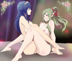 Rule 34 | 2girls, alternate breast size, barefoot, blue hair, grabbing another&#039;s breast, breasts, fire emblem, fire emblem awakening, grabbing, green hair, highres, large breasts, lexus (artist), lucina (fire emblem), multiple girls, nintendo, nipples, nude, pointy ears, ponytail, pussy, tiara, tiki (adult) (fire emblem), tiki (fire emblem), tribadism, uncensored, yuri