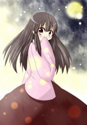Rule 34 | 1girl, black hair, blush, brown eyes, covering own mouth, full moon, gradient background, hands in opposite sleeves, houraisan kaguya, japanese clothes, light particles, long hair, looking at viewer, moon, negu (pixiv 6519140), night, night sky, sidelocks, sky, solo, touhou