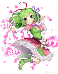 Rule 34 | 1girl, :3, absurdres, anniversary, antennae, black eyes, boots, capelet, closed mouth, cross-laced footwear, dress, eyes visible through hair, full body, fur collar, green dress, green footwear, green hair, hair ribbon, highres, knee boots, kohaku (rune factory), lace-up boots, long sleeves, looking at viewer, pink capelet, puchiman, purple ribbon, ribbon, rune factory, rune factory 4, short hair, sleeves past wrists, smile, solo, twitter username