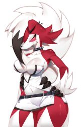 Rule 34 | animal ears, belt, black hair, breasts, claws, cleavage, collar, colored sclera, corset, creatures (company), ear piercing, game freak, gen 7 pokemon, highres, inner sideboob, large breasts, long hair, looking at viewer, lycanroc, lycanroc (midnight), midriff, navel, nintendo, piercing, pink eyes, pink sclera, pokemon, pokemon (creature), red fur, red hair, sharp teeth, spiked collar, spiked hair, spikes, tail, teeth, thick thighs, thighs, togetoge, white fur, white hair, wide hips, wolf ears, wolf girl, wolf tail