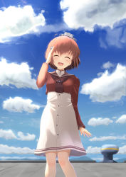 Rule 34 | 1girl, ^ ^, blush, brown hair, brown neckwear, brown sailor collar, buttons, closed eyes, cloud, cloudy sky, day, feet out of frame, hair between eyes, hair ornament, highres, kantai collection, long sleeves, ochikata kage, open mouth, red shirt, sailor collar, sailor shirt, salute, shirt, short hair, sky, smile, solo, tan yang (kancolle), teeth, upper teeth only, yukikaze (kancolle)