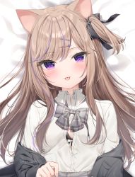 Rule 34 | 1girl, :p, animal ear fluff, animal ears, bed sheet, black bow, black bra, black jacket, blush, bow, bow bra, bra, breasts, brown hair, cat ears, cat hair ornament, closed mouth, collared shirt, commentary request, dress shirt, grey bow, hair between eyes, hair bow, hair ornament, hairclip, jacket, leo (mafuyu), long hair, looking at viewer, lying, mafuyu (chibi21), off shoulder, on back, one side up, open clothes, open jacket, original, plaid, plaid bow, purple eyes, purple hair, shirt, small breasts, smile, solo, tongue, tongue out, twitter username, underwear, upper body, very long hair, white shirt