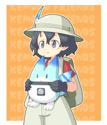 Rule 34 | 10s, 1girl, backpack, bad id, bad pixiv id, bag, black gloves, blush stickers, bucket hat, copyright name, gloves, grey eyes, hair between eyes, hat, hat feather, highres, kaban (kemono friends), kemono friends, lucky beast (kemono friends), pozesuke, short hair, shorts, smile