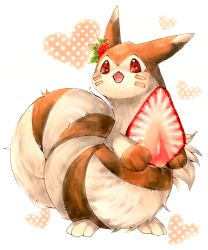 Rule 34 | animal focus, creatures (company), facial mark, fluffy, food, food on head, fruit, full body, furret, game freak, gen 2 pokemon, happy, heart, heart background, highres, holding, holding food, looking at viewer, marker (medium), mofuo, nintendo, no humans, object on head, open mouth, oversized food, oversized object, pokemon, pokemon (creature), polka dot, red eyes, simple background, smile, solo, standing, strawberry, traditional media, whisker markings, white background