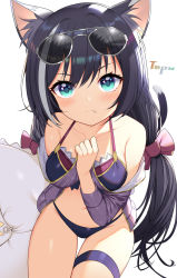 Rule 34 | 1girl, animal ear fluff, animal ears, artist name, bare shoulders, bikini, black bikini, black hair, blue eyes, bow, breasts, cat ears, cat tail, closed mouth, collarbone, commentary request, cowboy shot, eyewear on head, fang, hair bow, hand up, highres, holding, jacket, karyl (princess connect!), karyl (summer) (princess connect!), long hair, long sleeves, looking at viewer, looking up, medium breasts, multicolored hair, navel, off shoulder, open clothes, open jacket, princess connect!, purple jacket, solo, streaked hair, sunglasses, swimsuit, tail, thigh gap, thigh strap, topu, very long hair
