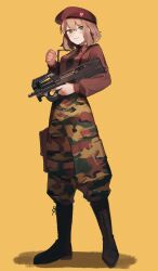 Rule 34 | 1girl, :3, absurdres, animal print, axis powers hetalia, belgium (hetalia), beret, black footwear, black necktie, blush, bob cut, boots, brown hair, bullpup, camouflage, camouflage pants, cat print, cross-laced footwear, full body, green eyes, gun, hand up, hat, highres, holding, holding gun, holding weapon, knee boots, lace-up boots, long sleeves, looking at viewer, mi kan1609, necktie, p90, pants, pants tucked in, personal defense weapon, red hat, red shirt, rifle, shirt, short hair, simple background, solo, standing, submachine gun, suspenders pull, thumbs up, trigger discipline, weapon, yellow background