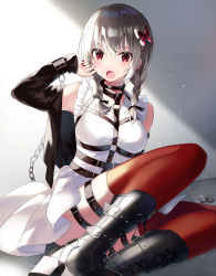 Rule 34 | 1girl, :o, arm up, armpits, bare shoulders, black footwear, black jacket, bondage outfit, boots, braid, breasts, chain, chest strap, commentary request, cuffs, dress, fang, grey hair, hair ornament, handcuffs, harness, jacket, leg belt, long hair, long sleeves, looking at viewer, medium breasts, off shoulder, open clothes, open jacket, open mouth, original, red eyes, red thighhighs, sitting, sleeveless, sleeveless dress, solo, thigh strap, thighhighs, twin braids, twintails, white dress, yon (letter)