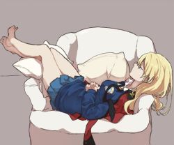 Rule 34 | 10s, 1girl, armchair, blonde hair, chair, darjeeling (girls und panzer), emblem, girls und panzer, hair down, hands on stomach, loose necktie, necktie, own hands clasped, own hands together, ree (re-19), school uniform, sleeping, solo, st. gloriana&#039;s (emblem), st. gloriana&#039;s military uniform, st. gloriana&#039;s school uniform, thighs